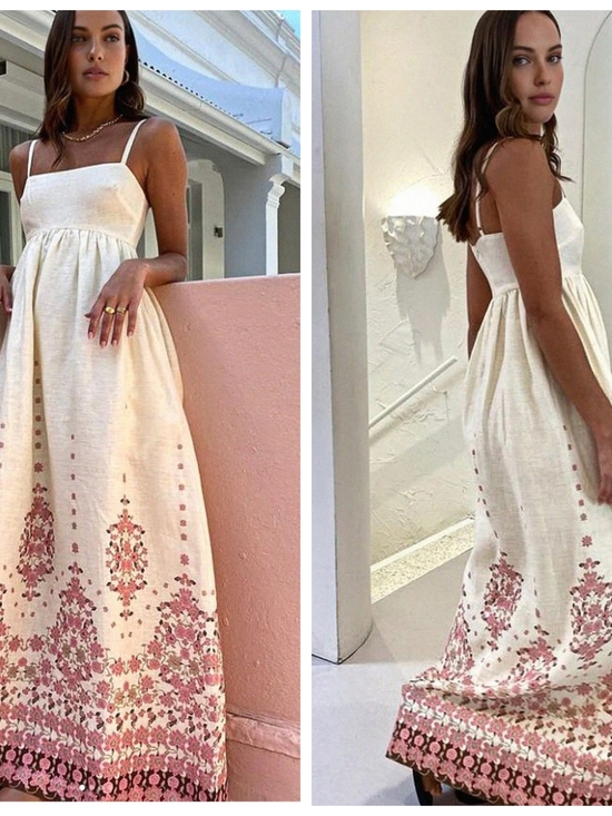 Commense Dresses & Skirts - Commense Cream Maxi Dress with Pink Floral Hem